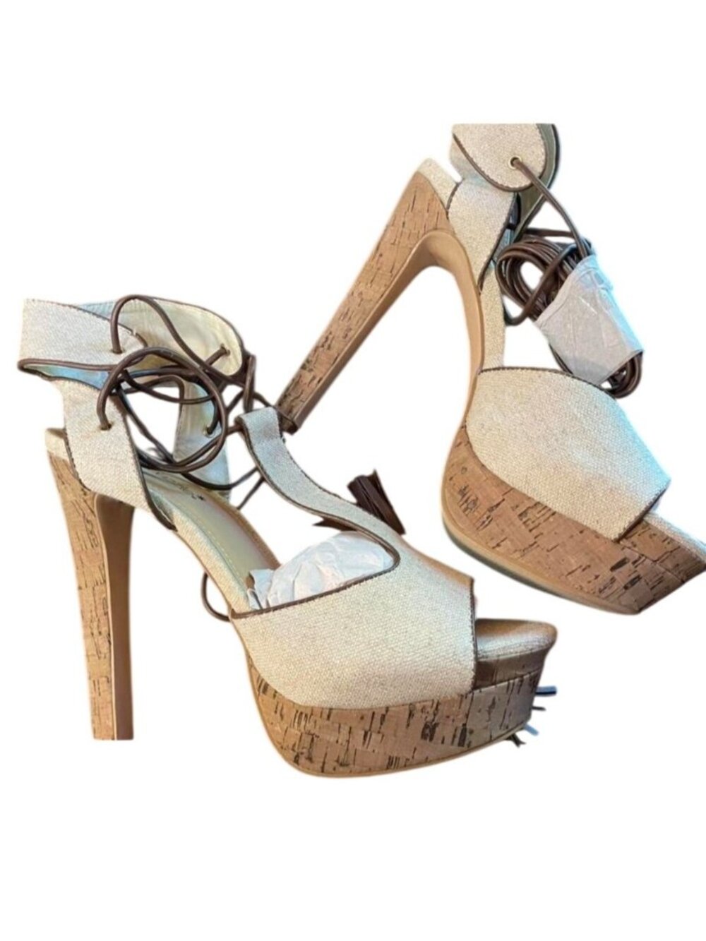 Shoe Dazzle Adeline Lace Up High Heeled Sandals Women's Size 8.5 Boho Tassel